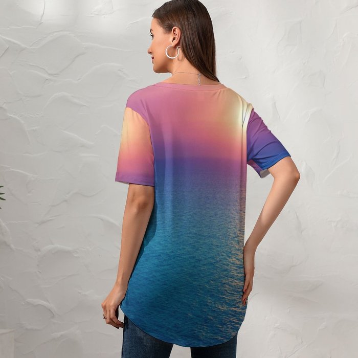 yanfind V Neck T-shirt for Women Sunrise Seascape Horizon Ocean Sky Morning Light Summer Top  Short Sleeve Casual Loose