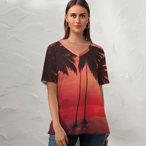 yanfind V Neck T-shirt for Women Sunset Tropical Trees Silhouette Dawn Warm Summer Top  Short Sleeve Casual Loose