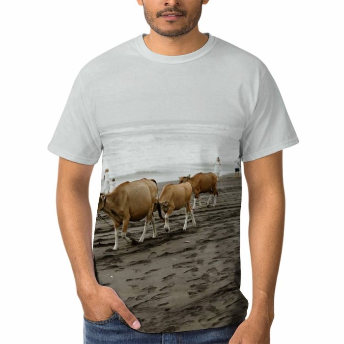 yanfind Adult Full Print T-shirts (men And Women) Sea Landscape Beach Sand Ocean Summer Travel Seashore Outdoors Bull Cow