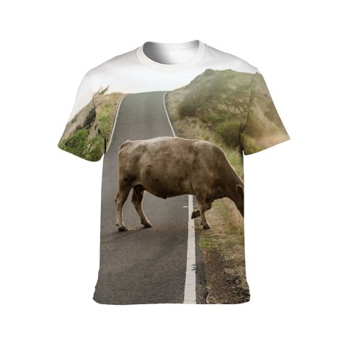 yanfind Adult Full Print T-shirts (men And Women) Road Landscape Field Summer Countryside Grass Travel Grassland Outdoors Cow Rural Country