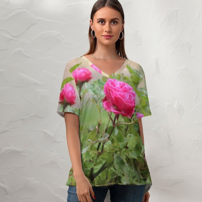 yanfind V Neck T-shirt for Women Plants Petals Wallpapers Roses Rose Summer Tiny Flower Pictures Free Flowers Summer Top  Short Sleeve Casual Loose