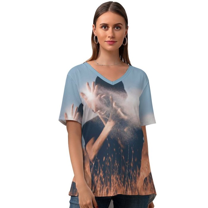 yanfind V Neck T-shirt for Women Grassland Harvest Grass Sky Wallpapers Outdoors Free Sit Throwing Magic Pictures Summer Top  Short Sleeve Casual Loose