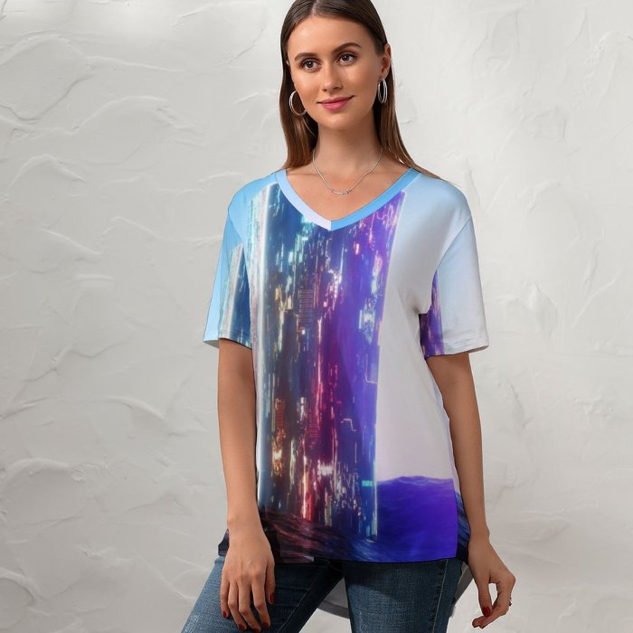 yanfind V Neck T-shirt for Women SciFi Extraterrestrial Ocean Neon Sunlight Summer Top  Short Sleeve Casual Loose