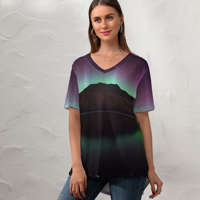 yanfind V Neck T-shirt for Women Cecil Peak Zealand Aurora Borealis Northern Lights Starry Sky Night Time Lake Summer Top  Short Sleeve Casual Loose