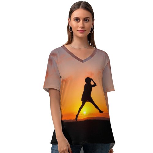 yanfind V Neck T-shirt for Women Sunrise Silhouette Jumping Girl Clouds Happy Mood Summer Top  Short Sleeve Casual Loose