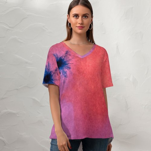 yanfind V Neck T-shirt for Women Splash Graphics Colorful Texture Linen Wallpapers Decor Plant Free Modern Art Pictures Summer Top  Short Sleeve Casual Loose