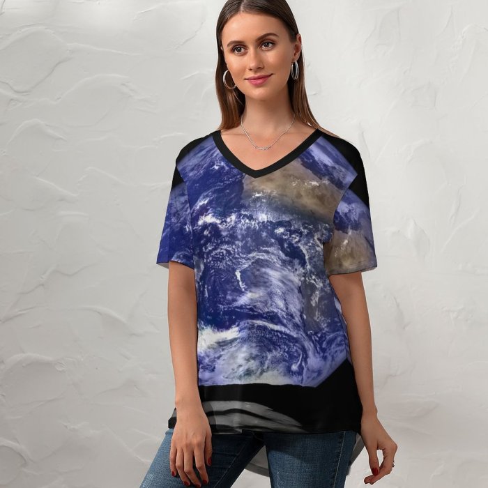 yanfind V Neck T-shirt for Women Space Earth Lunar Reconnaissance Orbiter Camera Summer Top  Short Sleeve Casual Loose