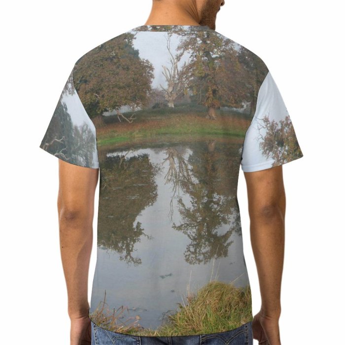 yanfind Adult Full Print T-shirts (men And Women) Landscape Trees Plants Reflection Lake Pond Foggy