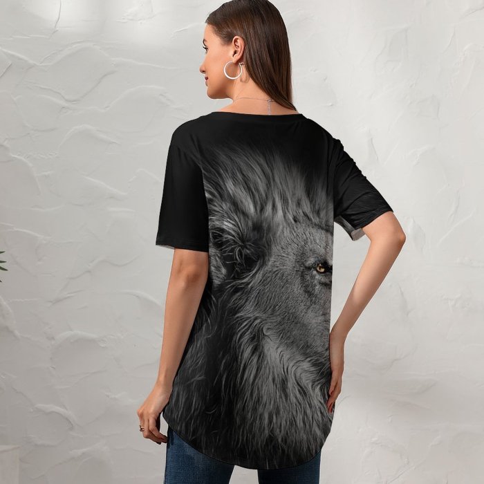 yanfind V Neck T-shirt for Women Randy Rodriguez Black Dark Lion Summer Top  Short Sleeve Casual Loose