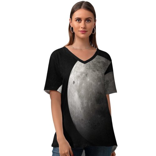 yanfind V Neck T-shirt for Women PIROD Space Black Dark Moon Planet Moon Summer Top  Short Sleeve Casual Loose