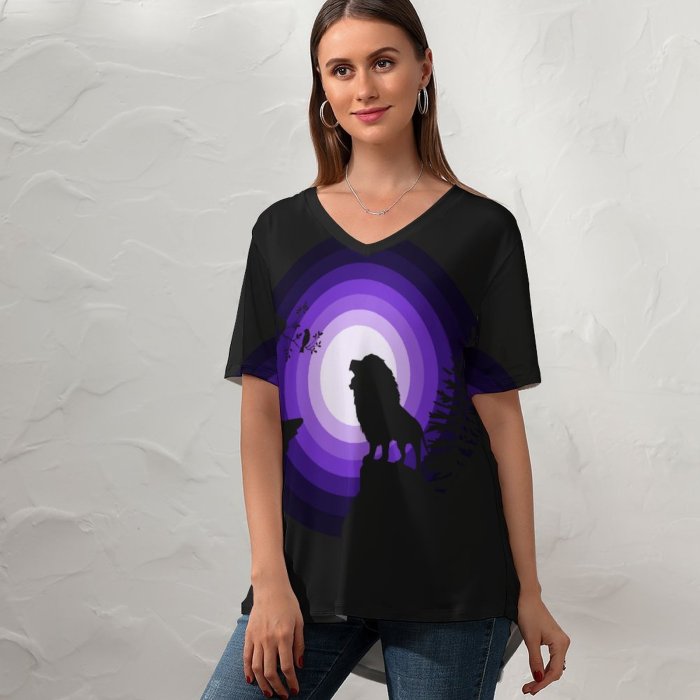 yanfind V Neck T-shirt for Women Suryapraveen Black Dark Minimal Lion Roaring Silhouette Moon Night Purple Summer Top  Short Sleeve Casual Loose