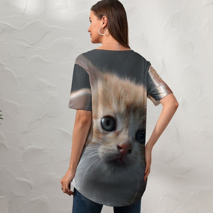 yanfind V Neck T-shirt for Women Cat Kitten Pet Cute Cat Portrait Fur Baby Cat Summer Top  Short Sleeve Casual Loose
