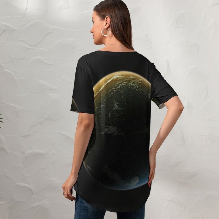 yanfind V Neck T-shirt for Women Space Black Dark Planet Earth Solar System Cosmos Universe Summer Top  Short Sleeve Casual Loose