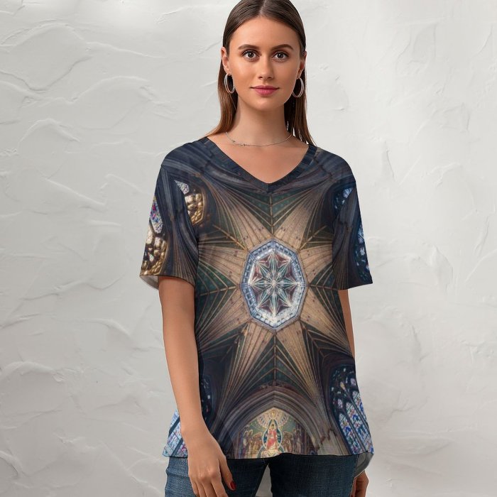 yanfind V Neck T-shirt for Women Otto Berkeley Ely Cathedral Ancient Architecture Cathedral Dome Stained Glass United Kingdom Summer Top  Short Sleeve Casual Loose