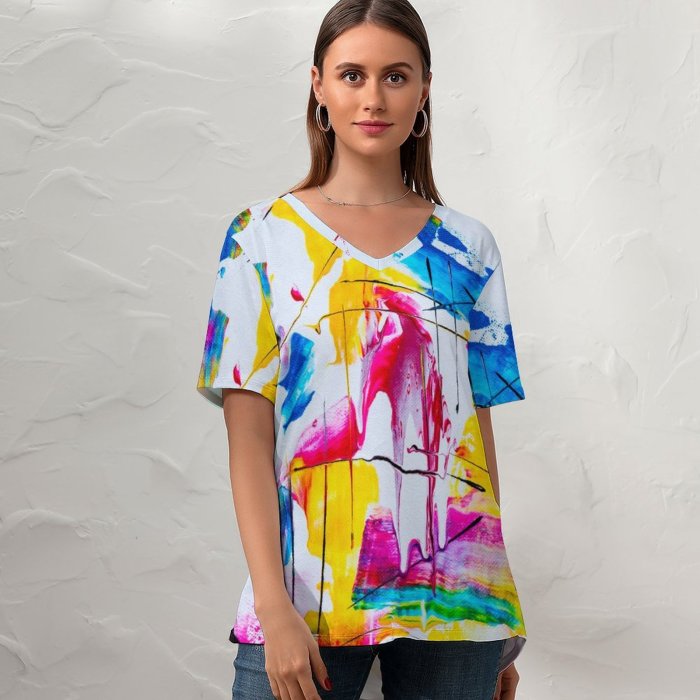 yanfind V Neck T-shirt for Women Acrylic HQ Texture Expressionism Wallpapers Canvas Stock Free Modern Art Vibrant Summer Top  Short Sleeve Casual Loose