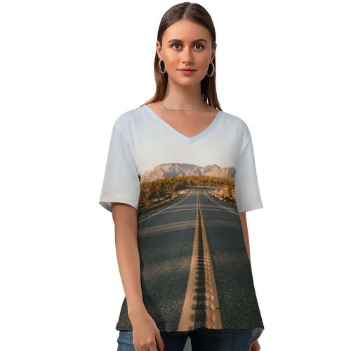 yanfind V Neck T-shirt for Women Open Double Shadows Ridges HQ Arizona Las Vegas Curvey Travel Mountain Summer Top  Short Sleeve Casual Loose