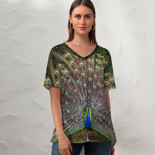 yanfind V Neck T-shirt for Women Paul Carmona Peacock Grass Beautiful Feathers Bird Trees Colorful Summer Top  Short Sleeve Casual Loose
