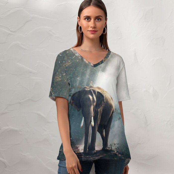 yanfind V Neck T-shirt for Women Sasin Tipchai Elephant Forest Daylight Woods Summer Top  Short Sleeve Casual Loose