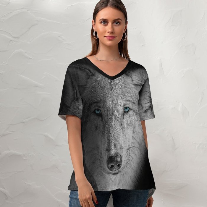 yanfind V Neck T-shirt for Women Randy Rodriguez Black Dark Wolf Beast Wild Wolf Summer Top  Short Sleeve Casual Loose