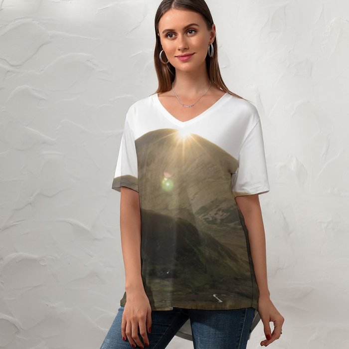 yanfind V Neck T-shirt for Women Lens Sun Hillside Flare Sheep Grass Wallpapers Hill Mountain Outdoors Stock Summer Top  Short Sleeve Casual Loose