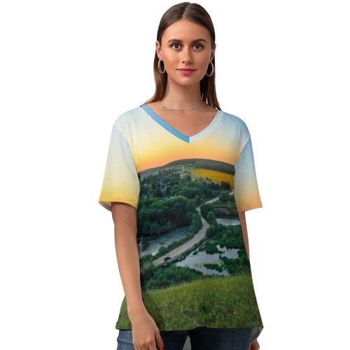 yanfind V Neck T-shirt for Women River Countryside Landscape Sunset Horizon Trees Grass Farmland Summer Top  Short Sleeve Casual Loose