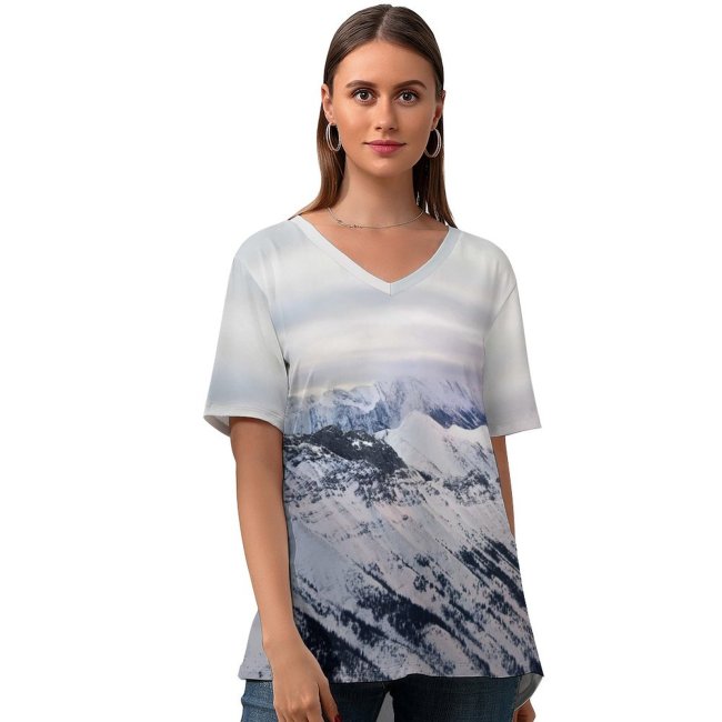 yanfind V Neck T-shirt for Women Parthiban Mohanraj Glacier Mountains Snow Covered Sunrise Landscape Mountain Range Misty Cloudy Summer Top  Short Sleeve Casual Loose
