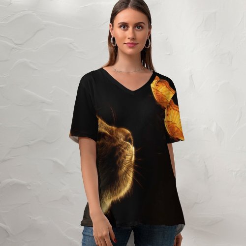 yanfind V Neck T-shirt for Women Chiara Lily Black Dark Kitten Cat Butterflies Glowing Manipulation Closeup Summer Top  Short Sleeve Casual Loose