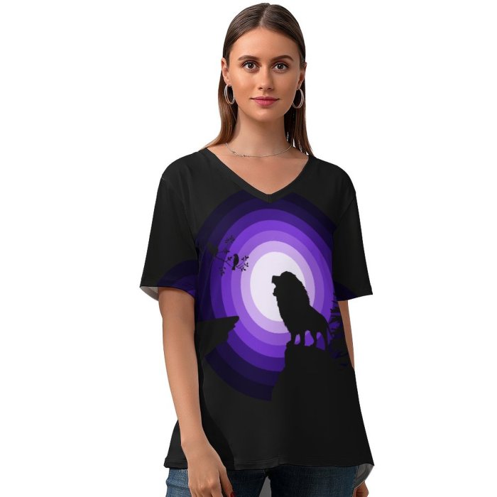 yanfind V Neck T-shirt for Women Suryapraveen Black Dark Minimal Lion Roaring Silhouette Moon Night Purple Summer Top  Short Sleeve Casual Loose
