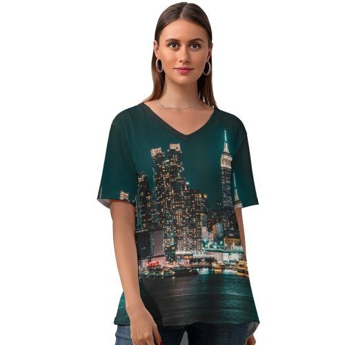 yanfind V Neck T-shirt for Women Sanaan Mazhar York City Skyscrapers Night Cityscape Night City Lights Summer Top  Short Sleeve Casual Loose