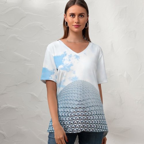 yanfind V Neck T-shirt for Women Triangle Space Glass Buena Fun Public Sky Wallpapers Lake Happy Epcot Summer Top  Short Sleeve Casual Loose