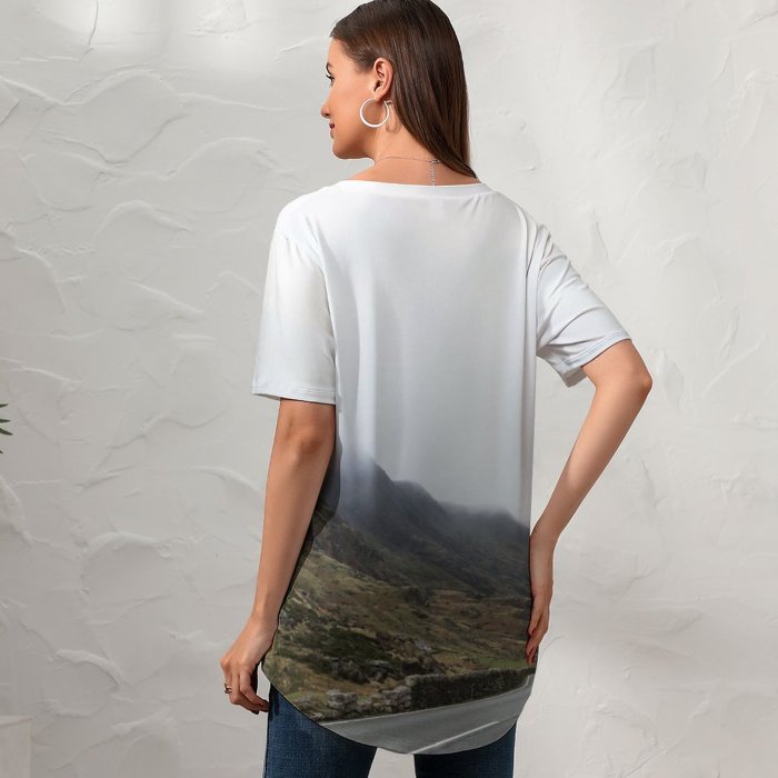 yanfind V Neck T-shirt for Women Road Hills Wallpapers Path Cloud Waterfall Mountain Pictures Nervum Fog Mist Summer Top  Short Sleeve Casual Loose