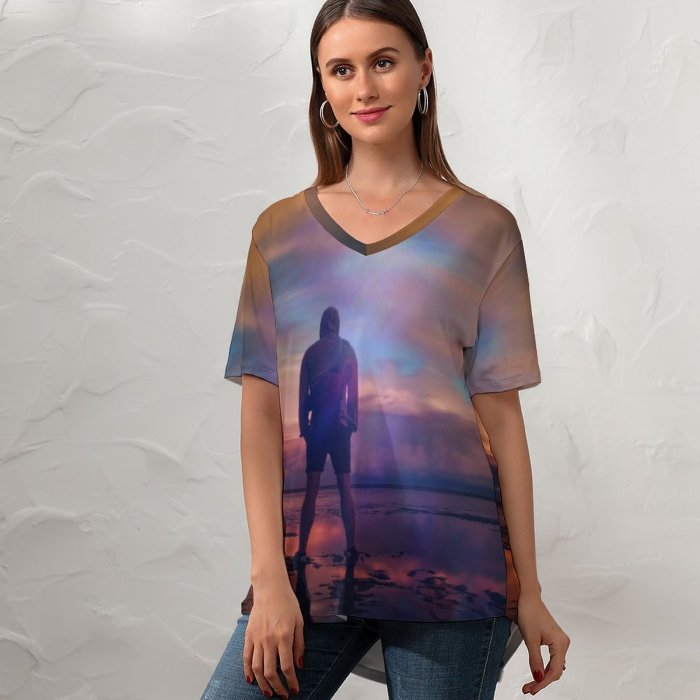 yanfind V Neck T-shirt for Women Zoltan Tasi Beach Planet Earth Silhouette Cloudy Sky Outdoor Dusk Sunrise Reflection Summer Top  Short Sleeve Casual Loose