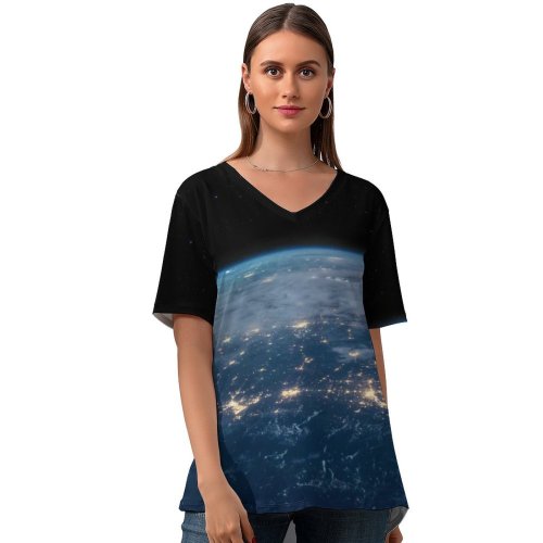 yanfind V Neck T-shirt for Women Space SciFi Earth Spaceship Night Summer Top  Short Sleeve Casual Loose