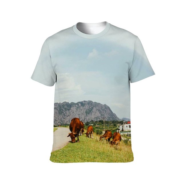 yanfind Adult Full Print T-shirts (men And Women) Landscape Field Summer Countryside Agriculture Farm Grass Travel Cow Rural Farmland Pasture