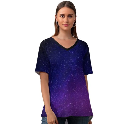 yanfind V Neck T-shirt for Women Starry Sky Purple Sky Astronomical Stars Summer Top  Short Sleeve Casual Loose