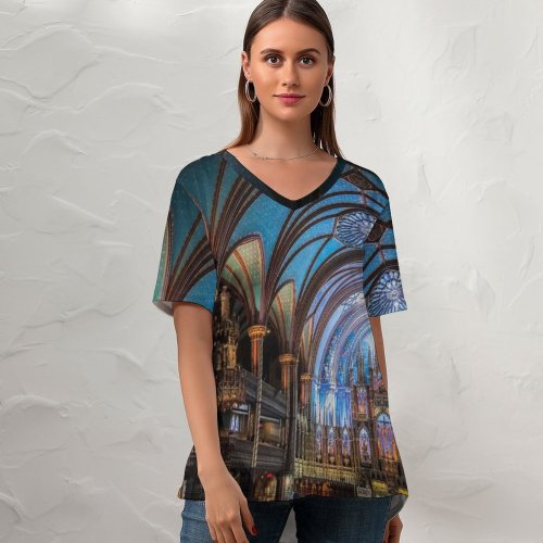 yanfind V Neck T-shirt for Women Open Basilica Catherdral Building Public Ceiling Notre-Dame Wallpapers Architecture Theater Cinema Summer Top  Short Sleeve Casual Loose