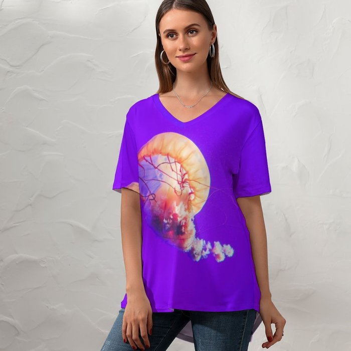 yanfind V Neck T-shirt for Women Pathum Danthanarayana Jellyfish Purple Sea Life Underwater Aquarium Summer Top  Short Sleeve Casual Loose