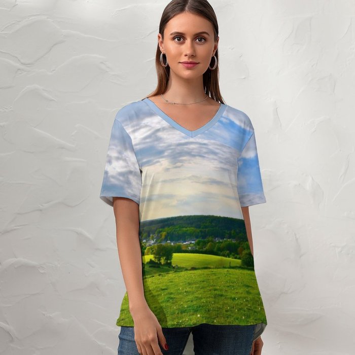 yanfind V Neck T-shirt for Women Land Grassland Grazing Grass Sky Wallpapers Meadow Plant Outdoors Chatillon Stock Summer Top  Short Sleeve Casual Loose