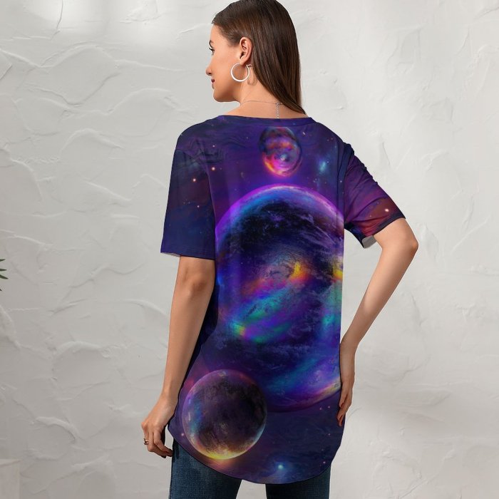 yanfind V Neck T-shirt for Women Stu Ballinger Space Spheres Cosmos Nebula Colorful Glowing Rainbow Summer Top  Short Sleeve Casual Loose