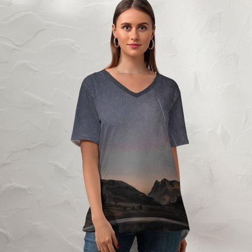 yanfind V Neck T-shirt for Women Tarn Space Blea Night Ambleside Landscape Public Way Outer Astronomy Sky Summer Top  Short Sleeve Casual Loose