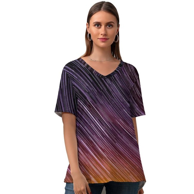 yanfind V Neck T-shirt for Women Space Star Trails Timelapse Astronomy Outer Space Night Sky Exposure Science Purple Summer Top  Short Sleeve Casual Loose