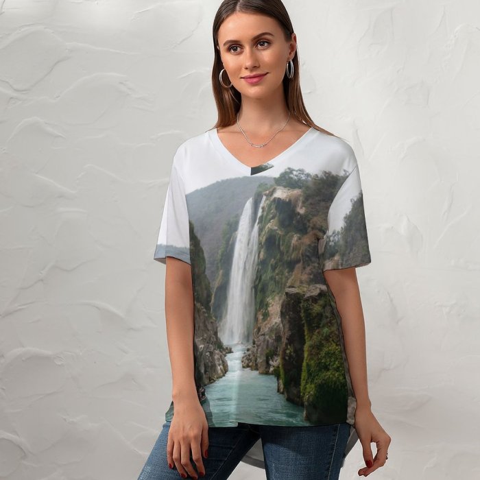 yanfind V Neck T-shirt for Women Cliff Ocean Colorful River Wallpapers Lonely Wildlife Mountain Outdoors Awesome Beauty Summer Top  Short Sleeve Casual Loose