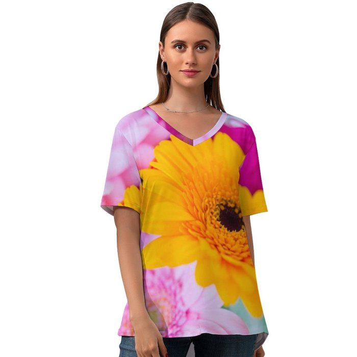 yanfind V Neck T-shirt for Women Skitterphoto Flowers Gerbera Daisy Flower Closeup Macro Blurred Selective Focus Vibrant Colorful Summer Top  Short Sleeve Casual Loose