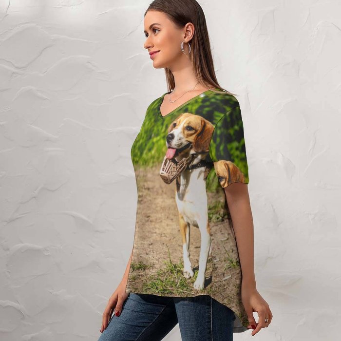 yanfind V Neck T-shirt for Women Ground Pet Eye Hound Grass Wallpapers Pedigreed Beagle Stock Free Aquatic Summer Top  Short Sleeve Casual Loose
