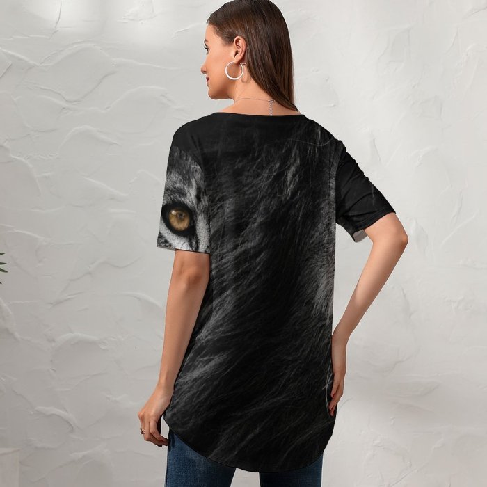 yanfind V Neck T-shirt for Women Randy Rodriguez Black Dark Lion Wild Predator Summer Top  Short Sleeve Casual Loose