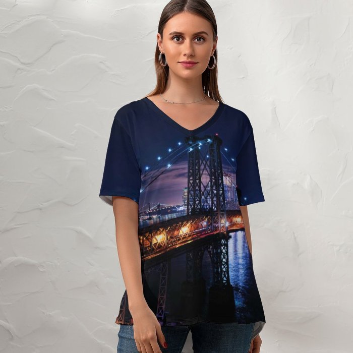 yanfind V Neck T-shirt for Women Zac Ong Williamsburg Bridge Suspension Bridge York City City Lights Night Cityscape Summer Top  Short Sleeve Casual Loose