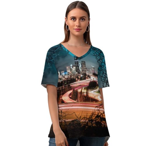 yanfind V Neck T-shirt for Women Sonny Mauricio Seattle City Cityscape City Lights Fence Night Time Light Trails Summer Top  Short Sleeve Casual Loose