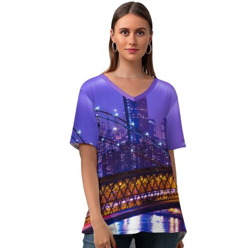 yanfind V Neck T-shirt for Women Zac Ong York City Night Cityscape Purple City Lights Suspension Bridge Buildings Summer Top  Short Sleeve Casual Loose