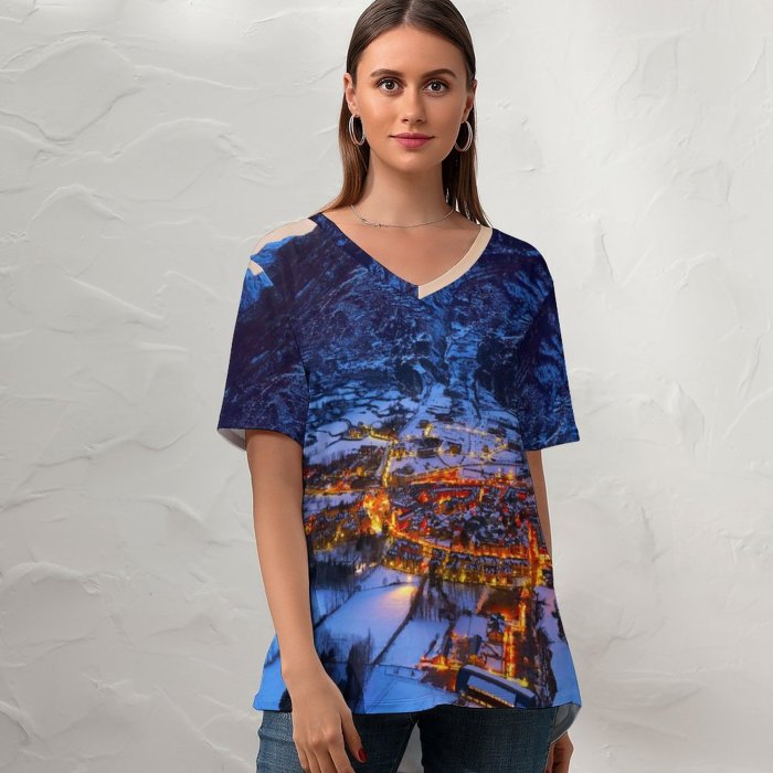 yanfind V Neck T-shirt for Women Spanish Village Benasque Town Winter Pyrenees Mountains Night Snow Covered Summer Top  Short Sleeve Casual Loose