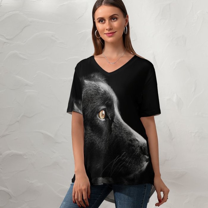 yanfind V Neck T-shirt for Women Randy Rodriguez Black Dark Dog Cute Puppies Dark AMOLED Summer Top  Short Sleeve Casual Loose